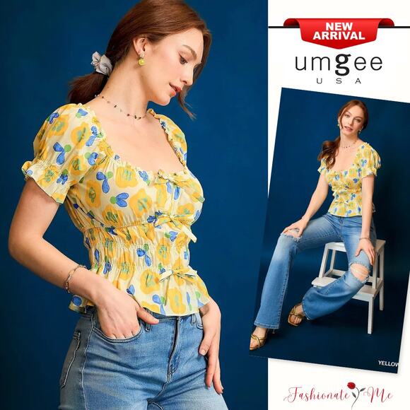 Umgee Floral Print Tie Front Detail Short Sleeves Smocked Peplum Blouse | Yellow - Picture 1 of 6